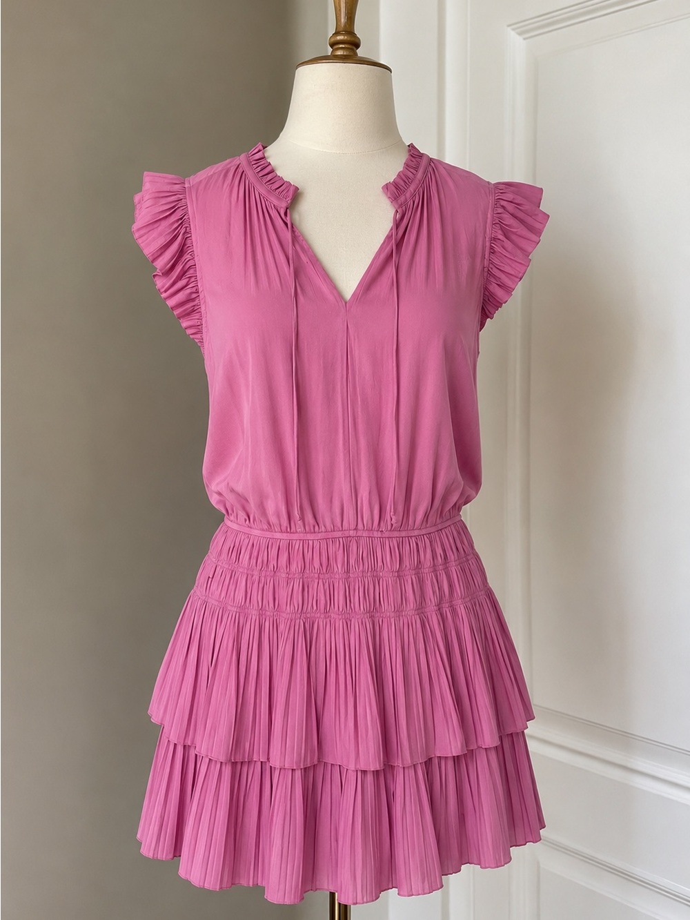 Current Air Pink Pleated Smocked Ruffle Mini Dress XS